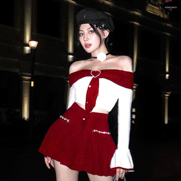 Vestidos de trabalho moda coreana 2 peça saia conjunto mulheres ynk arco slash pescoço cortado tops sexy mini saias terno feminino gótico natal conjuntos peludos