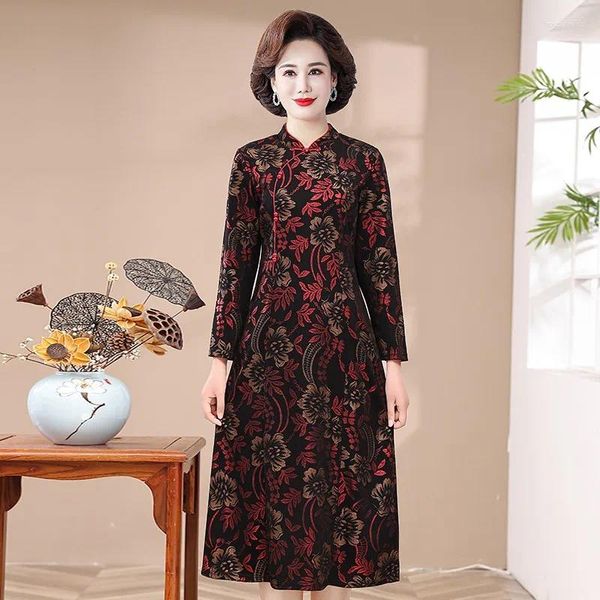 Abiti casual Abito autunno inverno Abiti tradizionali cinesi lunghi cheongsam da donna con stampa a maniche lunghe