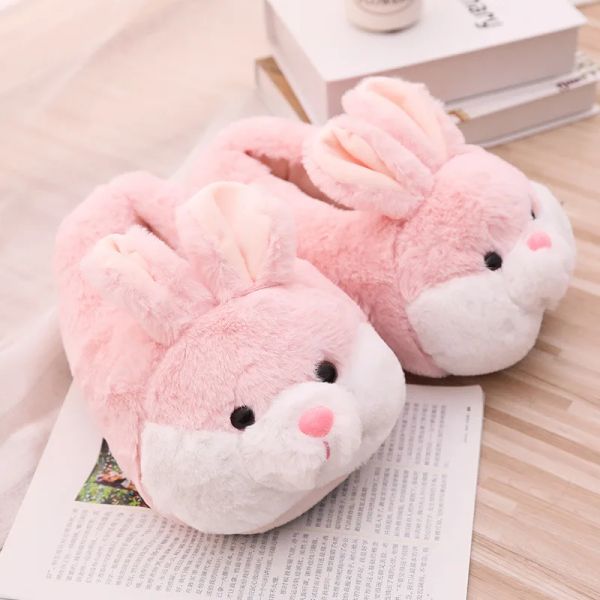 Boots House Mulheres fofas chinelas de desenho animado fofinho coelhinho rosa meninas lâminas de pele quarto coelhos internos de coelhos de pelúcia quente