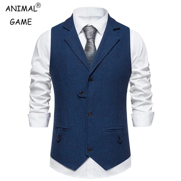 Gilet Nuovo gilet da uomo Gilet da uomo in tweed a spina di pesce Gilet da lavoro formale Gilet slim fit con colletto sartoriale