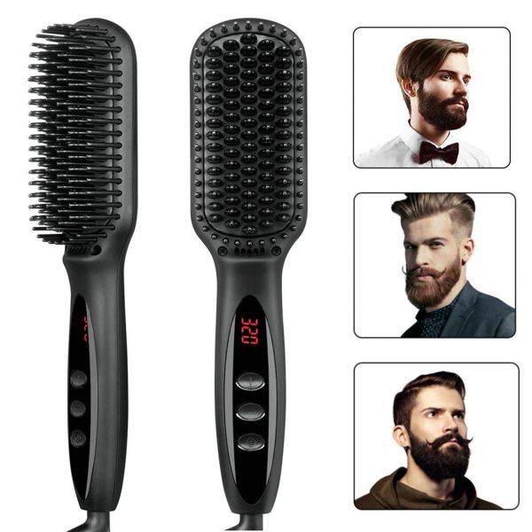 Ferro alisador de barba para homens, escova de barba aquecida, gerador iônico antiescaldamento, 12 configurações de temperatura, tela de LED, escova de alisamento de cabelo