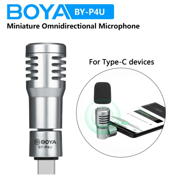 Microfones BOYA BYP4U TypeC Mini microfone condensador sem fio para PC Smartphone Android Live Streaming Youtube Gravação Blogger Gaming