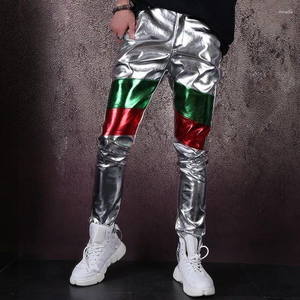 Stage Wear Nightclub Tide Cantante maschio Ballerino Performance Pantaloni in pelle Punk Argento PU Pantaloni lunghi con giunture colorate