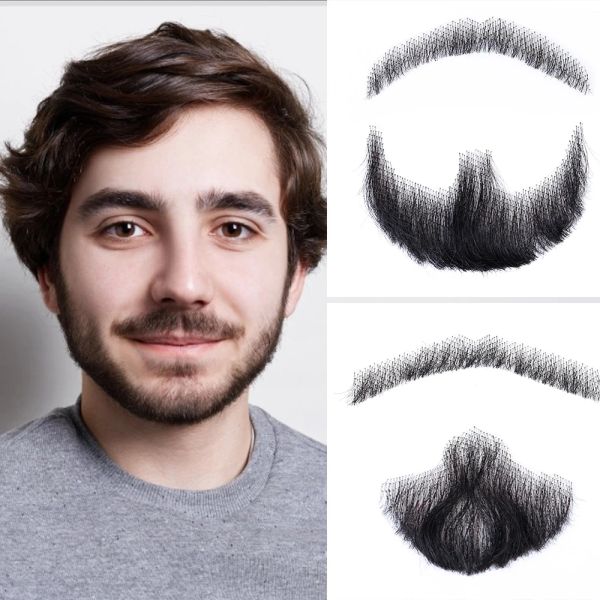 Tecer mstn renda brasileira invisível barbas falsas salonchat barba de renda para homens 100% cabelo humano feito à mão bigode cabelo remy cosplay suíço