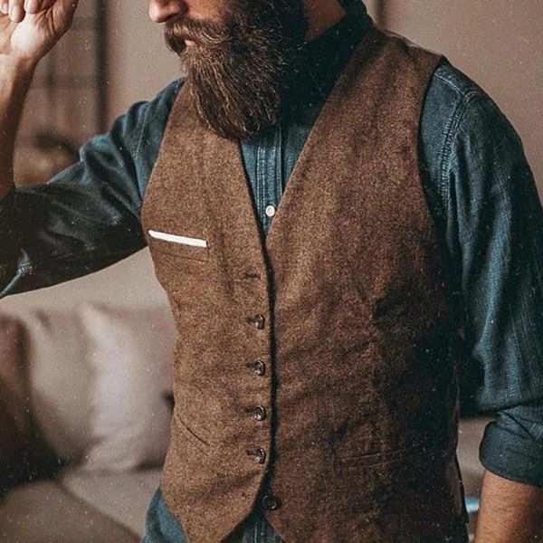 Westen Herren Anzug Weste Kaffee V-ausschnitt Vintage Einreiher Weste Männliche Gentleman Business Weste Für Bräutigam Hochzeit Kleid Weste 2021