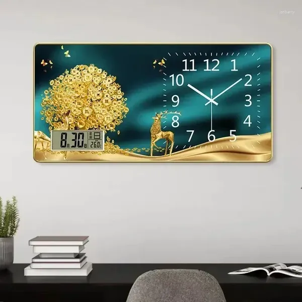 Relógios de parede Calendário Relógio Cristal Porcelana Pintura Moderna Decoração de Casa Luxo Arte Pendurada Relógio Decoração de Sala de Estar