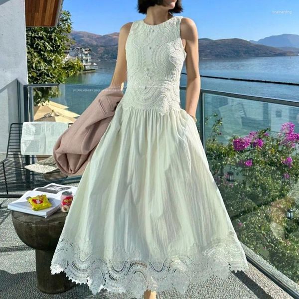 Abiti casual primaverili in pizzo da donna senza maniche vestita da donna dolce e dolce cena di alta qualità Bianco bianco di alta qualità