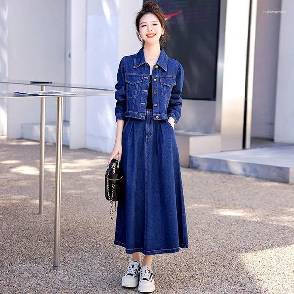 Vestidos de trabalho feminino azul denim saia define primavera outono casual curto jeans jaqueta elástica cintura alta conjunto de duas peças senhoras elegante terno