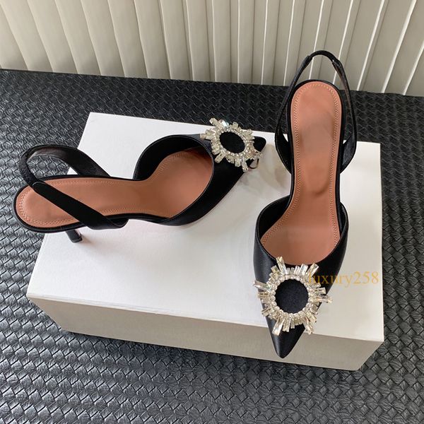 Slingback yüksek topuklu sandaletler elbise ayakkabıları saten rhinestones pompalar tasarımcı kristal gerçek deri kadın siyah slaytlar lüks parti düğün ayakkabı kutu