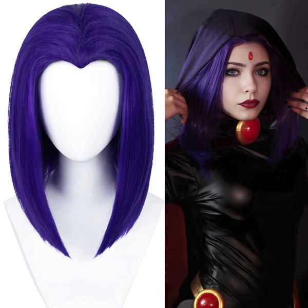 Synthetische Perücken Lila Kurze synthetische Kostümperücke für Raven Superheld Cosplay Gerader Mittelteil Bob 14 Zoll für Dress Up Party Festival 240318