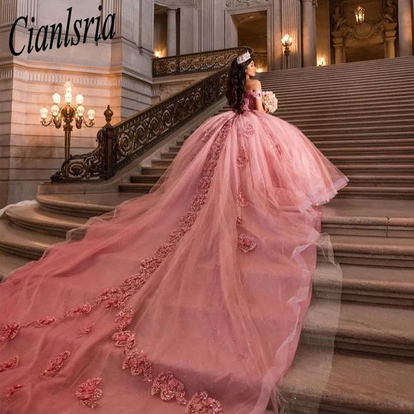 Rosa Quinceanera-Kleid mit 3D-Blumenapplikationen, schulterfrei, Partykleid, Vestidos De 15, Quinceanera-Cocktailkleider