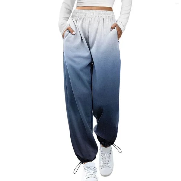 Calças femininas moda casual feminino gradiente impressão cinto bottoms sweatpants com bolsos cintura alta primavera commuting calças