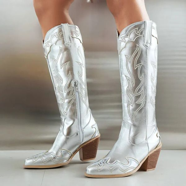 Botas ippeum botas metálicas botas de cowboy prata países países ocidentais caça de couro botas sapatos rosa para mulheres 2023