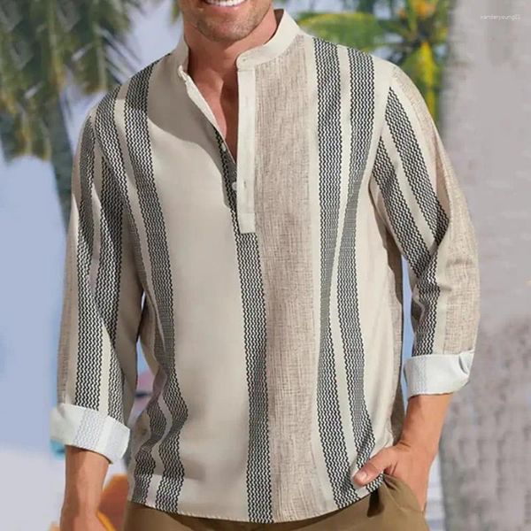 Camicie casual da uomo Camicia primaverile da uomo Colletto alla coreana Maniche lunghe Bottoni Pullover ampio Vintage Morbida stampa a righe sottili Top con colori a contrasto