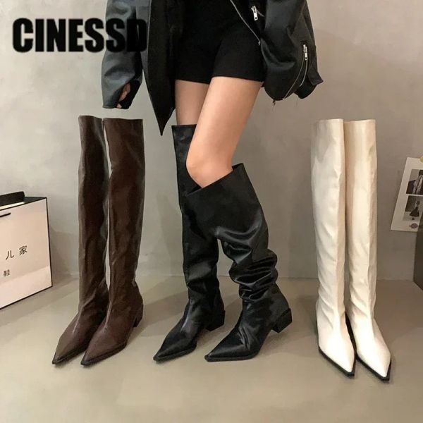 Stiefel Winter neuer Trend Oberschenkel hohe Stiefel Frauen Leder Stretch Speced Toe Nonslip über den Kniestiefeln Mode Knight Ladies Schuhe