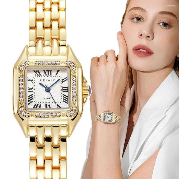 Relógios de pulso de luxo relógios femininos moda strass romano quadrado senhora relógio de quartzo negócios aço inoxidável presente de ouro