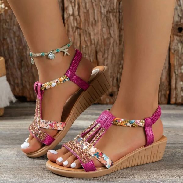 Sandalen Frauen Keil Sandalen 2023 Sommer Neuer Böhmen im Stil von High Heels Mode offene Strasssteine Elastic Gurt Outdoor Dressy Sandalen