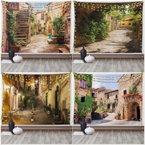 Arazzi Italia Roma Vecchio Cortile Arazzo Antico Casa in Pietra Moderno Retro Appeso a Parete Soggiorno Dormitorio Decorazione