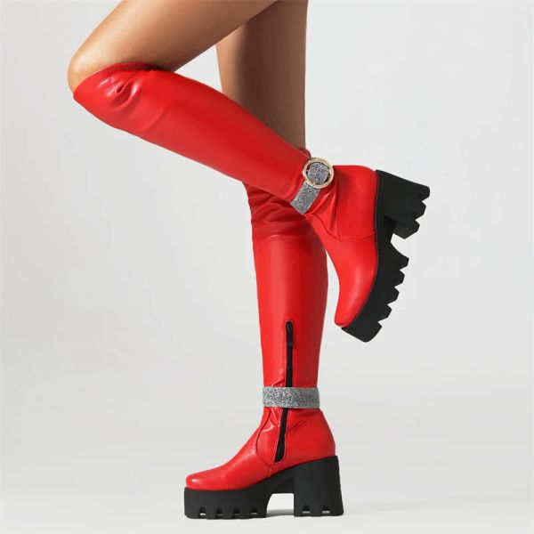 Ботинки панк -ремень черный красные колена высокая сапоги с толстыми подошвами высокая каблука платформа длинные ботинки для вечеринок для женщин осень 2023 года плюс размер