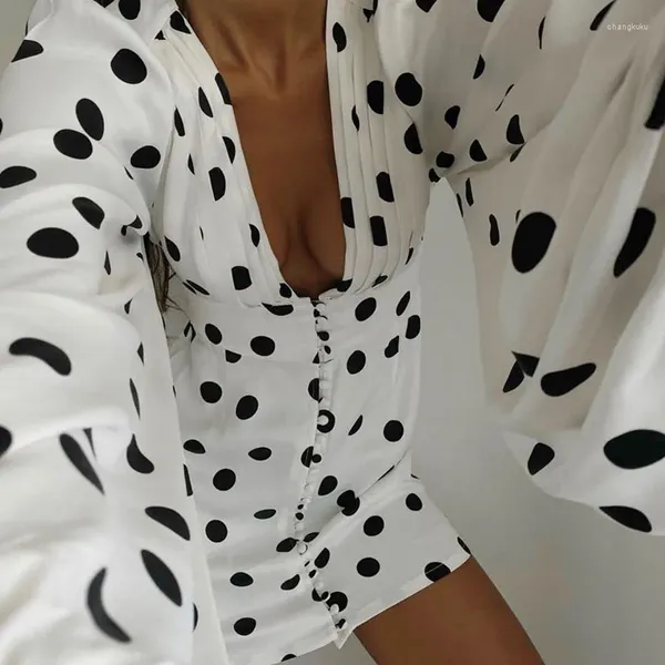 Sıradan Elbiseler Seksi Kadınlar Fener Kollu Yüksek Bel Street Lady 2024 Derin V yaka Kısa Elbise Şov Stili Polka Dot Slim Mini