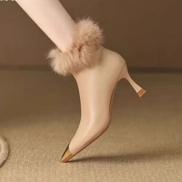 Stiefel neue Frauen -Knöchelstiefel Gold Zehen Stilettos Kaninchenfell Designerschuh für Frauen Winterkleid Schuhe High Heels Botas Mujer 1601c