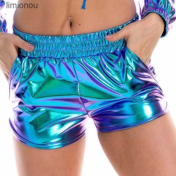 Shorts femininos verão shorts metálicos cintura elástica brilhante hotpants rave dance booty shorts com bolsos sexy party club shorts bottomsc243128