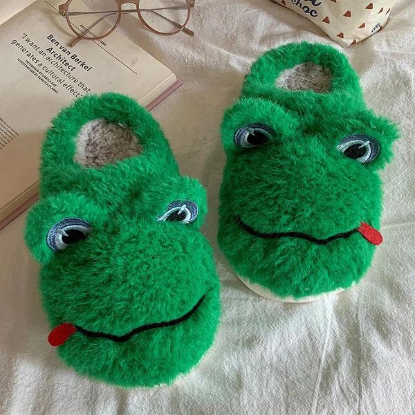 Pantofole invernali calde adorabili rana verde donne cartone animato antiscivolo animali casa piattaforma pantofola in peluche divertenti scarpe di cotone per esterni