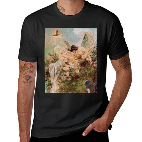 Canotte da uomo Due fate che si abbracciano in un paesaggio con cigno // T-shirt Hans Zatzka Abbigliamento hippie T-shirt grafiche da uomo taglie forti