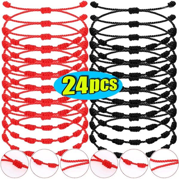 Charme pulseiras 2/24 pçs 7 nós vermelho preto corda pulseira para mulher homem sorte amuleto artesanal corda amizade casal pulseira jóias