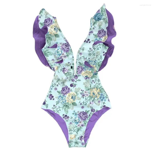 Costume da bagno da donna Costume intero Elegante scollo a V Manica con volant per donna Monokini da spiaggia con lacci con tessuto ad asciugatura rapida