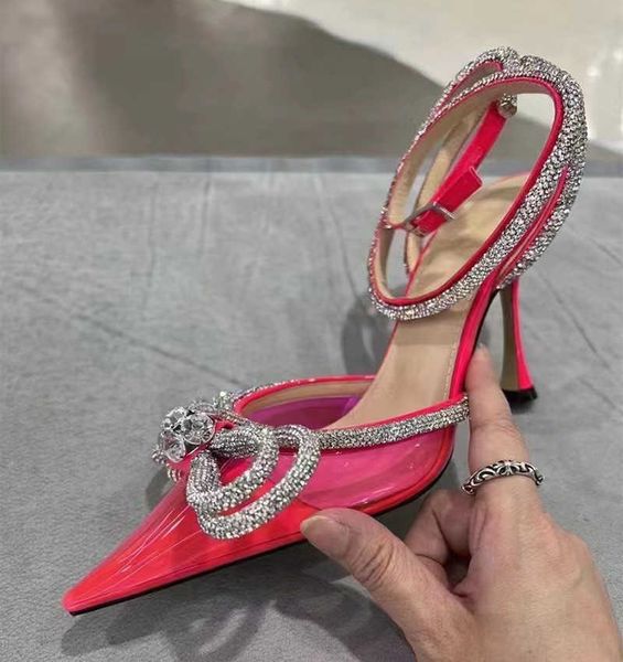 Talon HBP Trendy Nicht-Marke Top Pour Femme Glas Cover Toe Kristall Diamant Schleife Neueste Hot Pink Heels für Dame