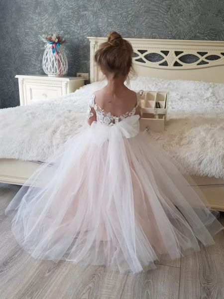 Abito da sposa a fiori con maniche in tulle di pizzo Abito da ballo principessa per feste Abiti da damigella d'onore junior Abiti dolci per bambina MC