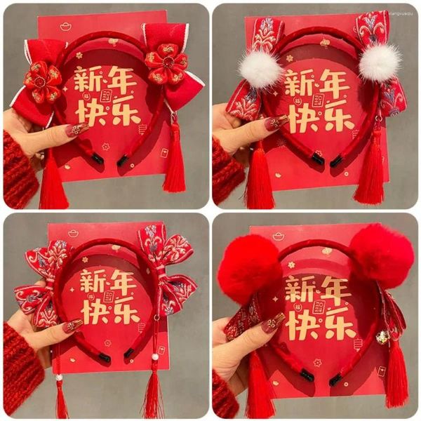 Acessórios de cabelo borla ano banda bonito hairball flor vermelho arco bandana feltro hoop hairband estilo chinês headdress crianças