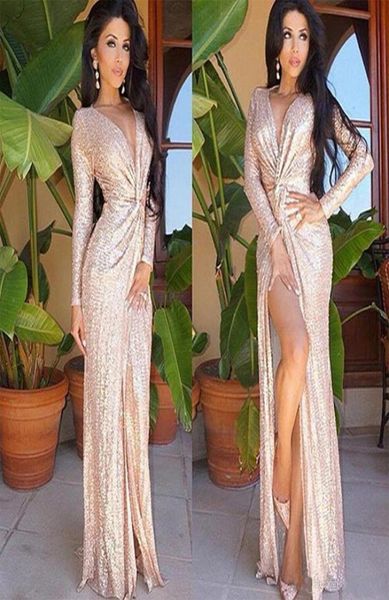 2020 neue sexy V-Ausschnitt Mantel Split Abendkleider Paillettenkleider berühmte lange Ärmel Party Prom Kleider Celebrity Red Carpet Dress2486151