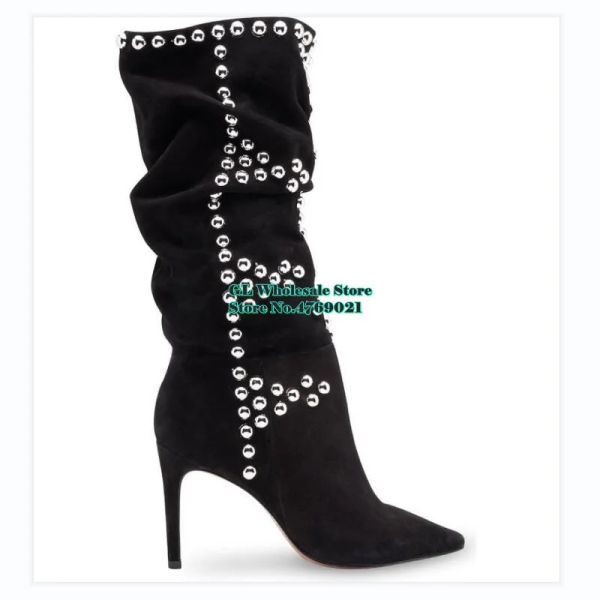 Stiefel 2022 Neue Frauenschuhe Schwarze Nieten Wildleder Slip auf mittlere Wadenstiefel spitzer Zeh Sleek Stiletto Ferse Komfort Stiefel Gepassete Stiefel 43