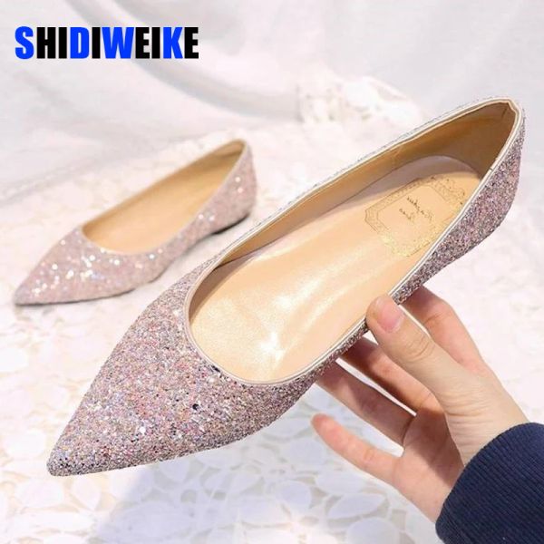 Stiefel plus Größe 3144 Fashion Classics Silber Bling Glitter Flats Frauen lässige Zeh Flat Slades Neue Partykleid -Paillettenschuhe