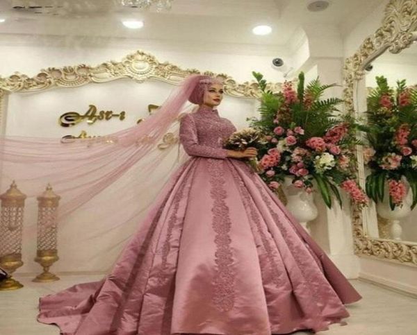 Toz Pembe İslam Müslüman Arap Dantel Gelinlik Uzun Kollu Yüksek Boyun Top Elbise Dubai Kaftan Arap Gelin Gowns1656745