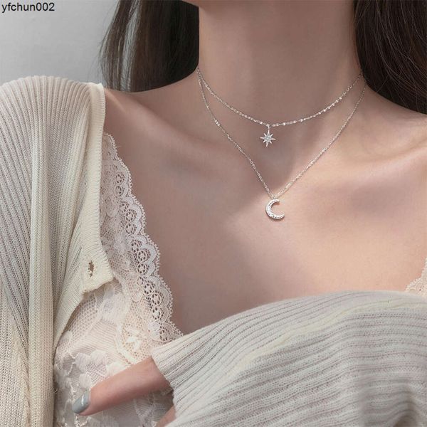 Versione coreana di Instagram Collana da donna in argento con diamanti scintillanti Catena a colletto insolita a doppio strato con luna ottagonale O7n2