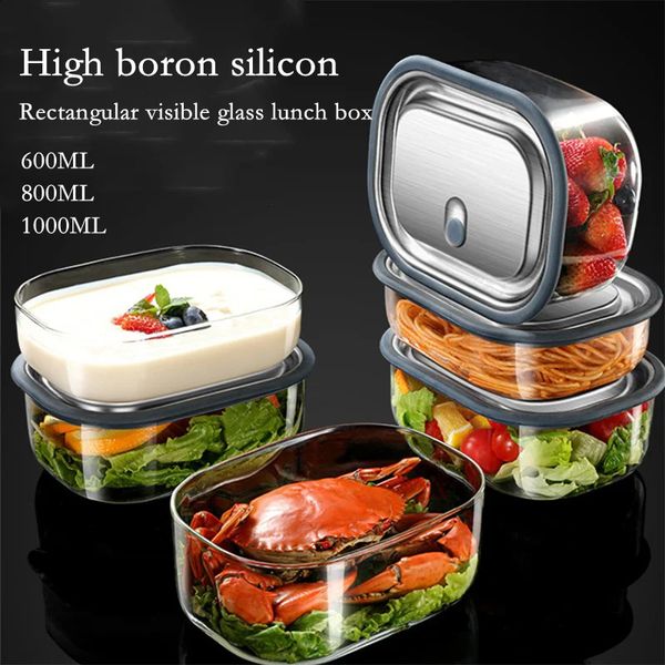 Scatola per il pranzo in vetro borosilicato ad alto contenuto alimentare Scatola per il pranzo con isolamento nel forno a microonde Scatola per Bento Scatola per frutta sigillata Scatola per il pranzo quadrata con cuscinetto in silicone 240304