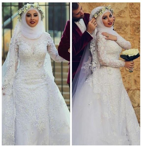 2019 Арабские мусульманские длинные рукава с кружевными оболочками Свадебные платья Исламский хиджаб Свадебные платья с высоким вырезом и аппликацией Свадебные платья с длинными 2384803