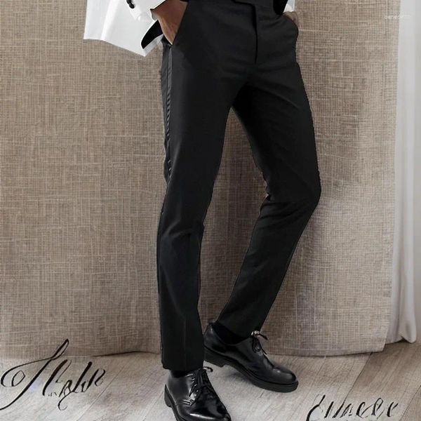 Abiti da uomo Pantaloni da abito neri con righe laterali in raso Pantaloni formali slim fit in un unico pezzo per matrimoni ed eventi serali 2024