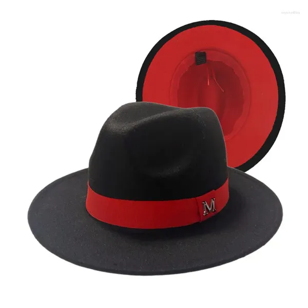 Berets verão exterior preto interior vermelho lã feltro jazz fedora chapéus com fivela de cinto fino homens mulheres borda larga panamá trilby boné