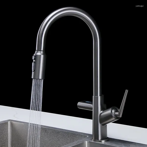 Torneiras de cozinha High-end Cinza LED Temperatura Display Pull-out Torneira Gourmet Sink Universal Mixer Tap Fixture