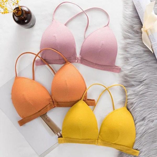 Reggiseni da donna tinta unita reggiseno semplice coppa triangolare spalline sottili avvolgenti petto fibbia anteriore senza fili a coste sport sexy incrociati sul retro