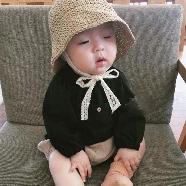 Berets H7412 Sommer Kinder Stroh Sonnenhut Koreanische Baby Häkeln Sonnencreme Spitze Kappe Mädchen Atmungsaktive Schutz Modische Kinder Kappen