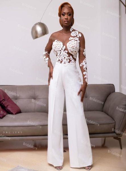 Nigeria Afrikanisches Overall-Hochzeitskleid mit langen Ärmeln, sexy, durchsichtiges Oberteil, Spitze, Hosenanzug, Satin, böhmischer Strand, Brautkleider, Bac4857611