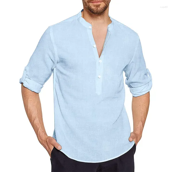 Camisas casuais masculinas homens algodão linho geral blusas manga longa solta top mens formal camisa social branco negócio elegante homem roupas