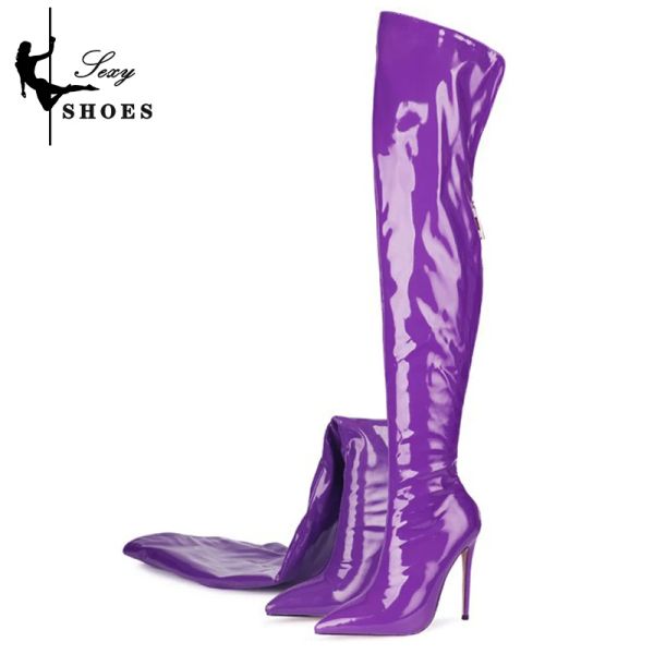 Сапоги Overtheknee Женские ботинки Патентная кожа Упомянутая пальца с шинкой Zipper Ladies Long Boots Sexy High Heels обувь Sapatos femininos