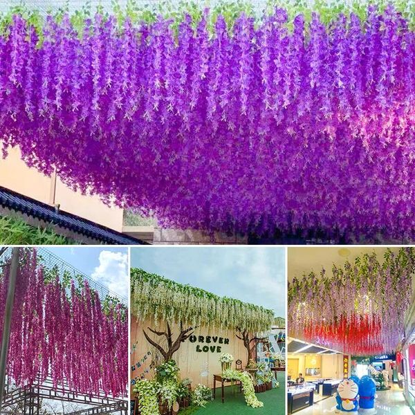 Dekoratif çiçekler yapay wisteria çiçek asılı çelenk rattan sahte ip düğün bahçe ev duvar dekor 12 adet