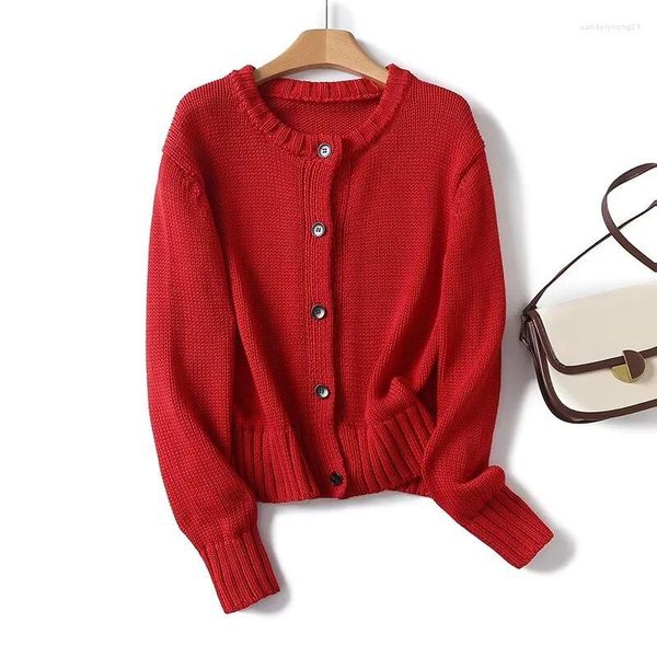 Женский трикотаж YENKYE, женский красный свитер с длинными рукавами и круглым вырезом на пуговицах, кардиган, короткое пальто